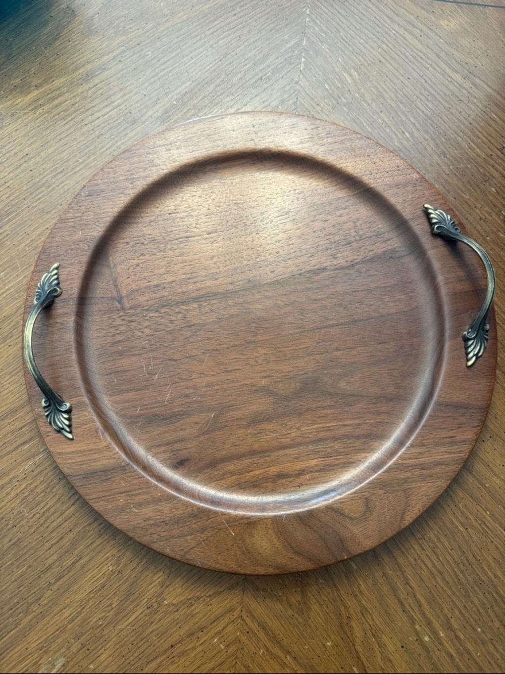 Ozark Walnutware Solid Walnut Round Wood Serving Tray Brass Leaf Handles Vintage